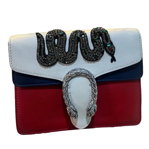 GUCCI Calfskin Crystal Snake Embroidered Dionysus Shoulder Bag White Red Blue - Picture 6 of 16